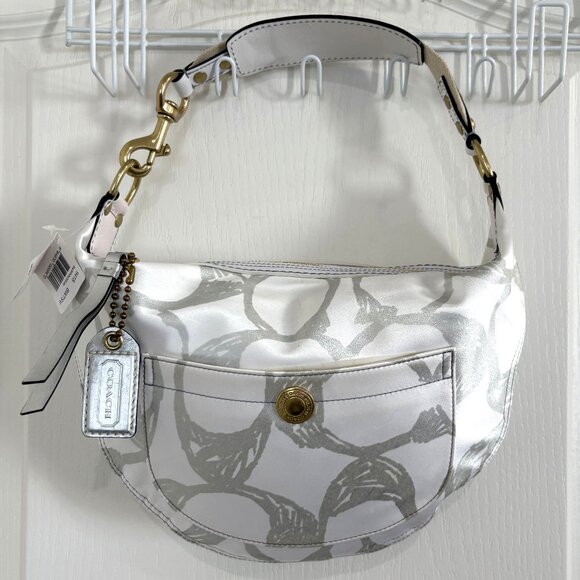 NEW Vintage Coach Metallic Scribble Small Hobo Bag Sateen Handbag White & Silver